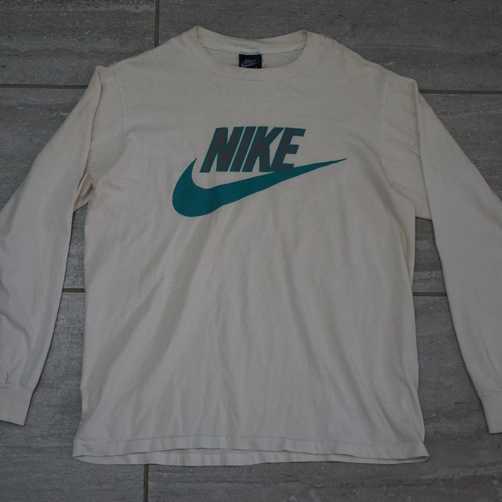 NIKE Swoosh Logo Vintage 1980s Blue Tag Made in USA Long Sleeve T-Shirt